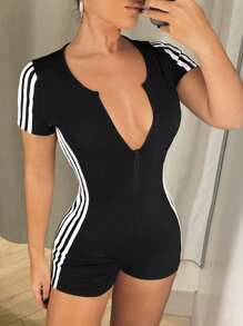 SHEIN ICON Women's Casual Color Block Ribbed V-Neck Short Sleeve Jumpsuit - Black - View 5