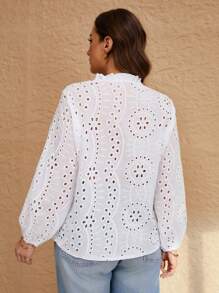 SHEIN Frenchy Talla grande Blusa con bordado con ojal de manga farol - Blanco - Ver 2
