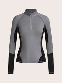 Camiseta de yoga de manga larga con cuello alto de bloques de color - Gris Claro - Ver 3