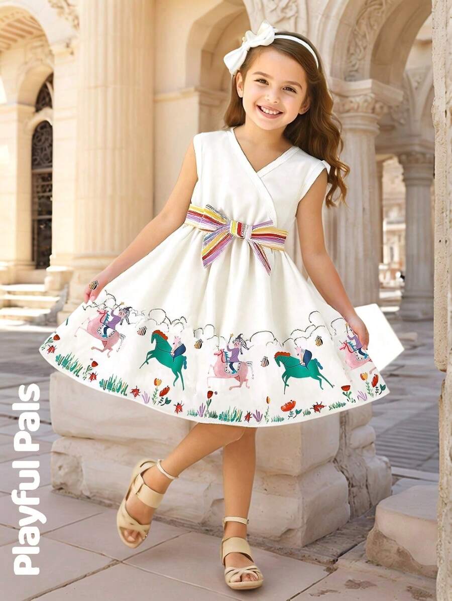 SHEIN 1 Stück Mädchen süßes Märchen Design Einhorn, Frosch, Pferd, Marienkäfer, Blumen Muster Farbblock Gürtel Taille Kreuzgurt Hals Mädchen Kleid