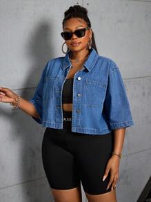 SHEIN SXY Plus Size Women Inelastic Denim Short Jacket - Blue - View 5