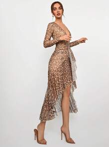 Aloruh Women's New Mesh Leopard Print Tight Long Sleeve Deep V Waist Ruched Ruffled Trim Elegant Fitted Jumpsuit Dress
