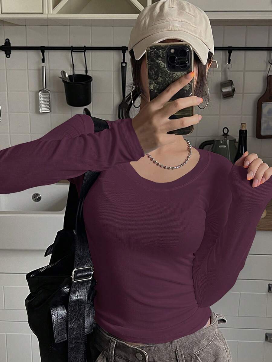 DAZY Casual All-Match Simple Solid Color Round Neck Long-Sleeved T-Shirt,Fall Clothes Long Sleeve Women Tops - Red Violet - View 1
