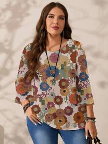 EMERY ROSE 女式大码休闲全身印花宽松圆领 3/4 袖衬衫，秋冬 - 彩色 - 查看 4