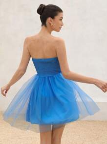 Chiquease 2025 Frühling/Sommer Neuankömmling Schickes Urlaubsstrand Jugendlich Mädchen Minikleid - Trägerlos Schleife Akzent Taille, Hohlmuster, Mehrlagiger Mesh Volant, Ärmellos, Schmale Taille, Kurze Länge Eleganter Modischer Stil für Frühling Herbst - Blau - Übersicht 6