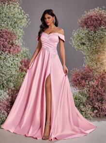 Glamrae Váy xòe xếp nếp bằng vải satin hở vai sang trọng, sang trọng, phù hợp cho đám cưới, tiệc tùng, cocktail, sự kiện trang trọng, váy dự tiệc, váy dự tiệc cưới, váy dạ hội - Bụi hồng - Xem 3