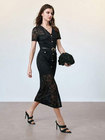 Aveloria Vestido elegante y entallado para mujer con cuello bordado de encaje de alta elasticidad, color negro