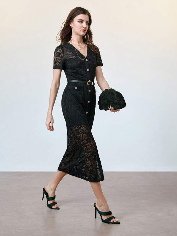 Arave Women's Elegant Embroidered Collar High Stretch Lace  GOLDEN BUKLE Button-Up MIDI Dress  WITH BELT,Black Dress,Summer Dresses,Summer Dresses For Women,Black Dress,Midi Dress