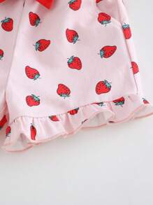 Cozy Pixies 2pcs/Set Young Girl Cartoon Strawberry Pattern Knit Soft Round Neck Short Sleeve Pullover Top And Elastic Waist Shorts - Multicolor - View 8