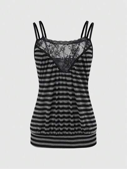Grunge Punk Y2K Retro Striped Contrast Lace Trim Plunging Neckline Camisole