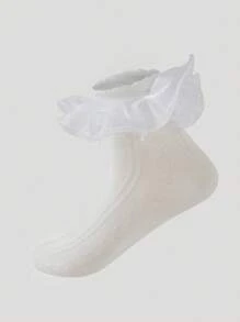 ROMWE Kawaii Women Solid Color Lace Trim Cute Mid-Calf Socks - White - View 1