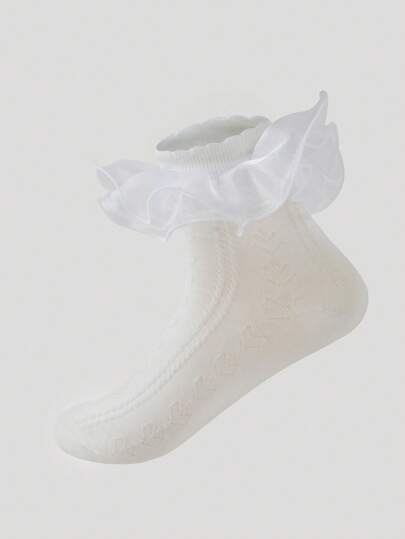 Kawaii Women Solid Color Lace Trim Cute Mid-Calf Socks