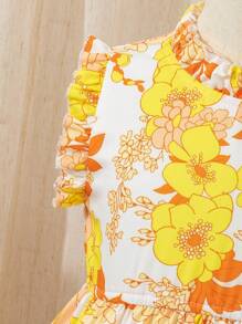 Vestido de niña con cuello de gota con volantes elegantes, sin mangas, de patchwork con lunares y estampado floral pequeño, adecuado para uso al aire en el campo - Amarillo - Ver 6
