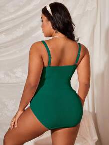 Swim Lushoire Plus Size Women Solid Color V-Neck Ruffle Waist One Piece Swimsuit, Fashionable Casual Holiday For Summer Beach Vacation - Green - View 2