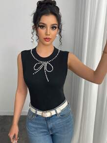 Chiquease Elegant Casual Crew Neck Pullover Knit Top With Bow Decor, Everyday Wear, Spring