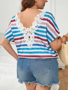 SHEIN Frenchy Plus Size Women Casual T-Shirt With Lace Back And Multi-Color Striped Design - Multicolor - View 1