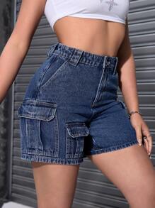 SHEIN EZwear 女士休闲洗水紧身工装牛仔短裤 - 中等水洗藍 - 查看 5