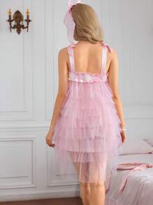 甜美可爱的蛋糕风格睡衣，带蝴蝶结肩带，女士性感睡衣 - 粉色 - 查看 2