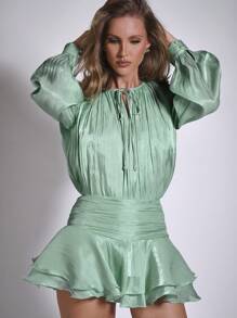 COSMINA 2pcs Women Elegant Solid Color Ruched Lantern Sleeve Blouse And Skirt Set - Green - View 5