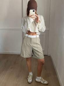 Livesso Women's Casual Patchwork Color Block Straight Pocket Shorts, Spring/Summer - Khaki - View 3