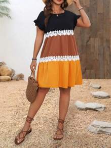 SHEIN LUNE Plus Size Women's Round Neck Contrast Lace Trim Ruffle Sleeve Loose Casual Smock Short Dress For Summer - Multicolor - View 1