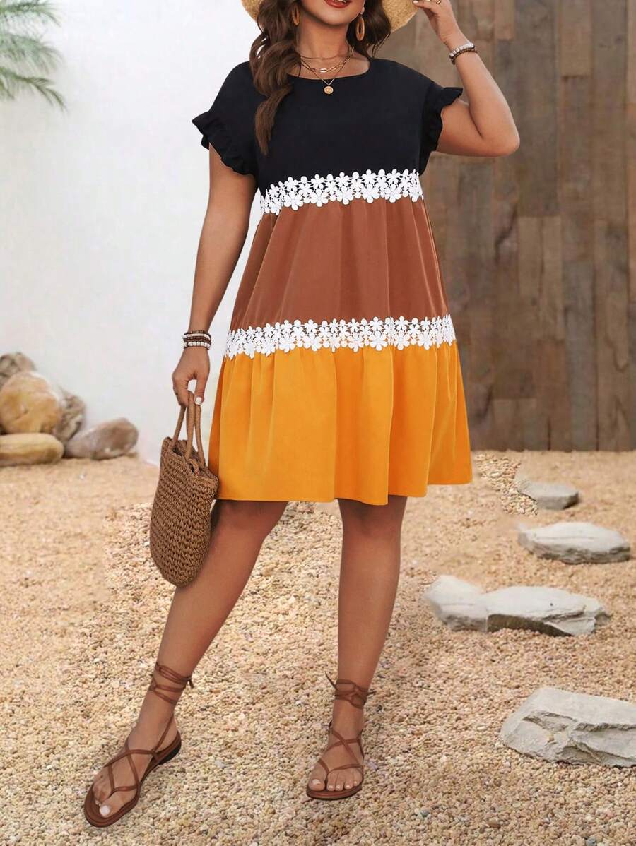 SHEIN LUNE Plus Size Women's Round Neck Contrast Lace Trim Ruffle Sleeve Loose Casual Smock Short Dress For Summer - Multicolor - View 1