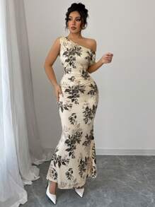 Elenzga New Women's Floral Print Asymmetric Shoulder Ruched Design Fishtail Hem Elegant Sophisticated Party & Date Dress, Flattering & Slimming - Multicolor - View 5