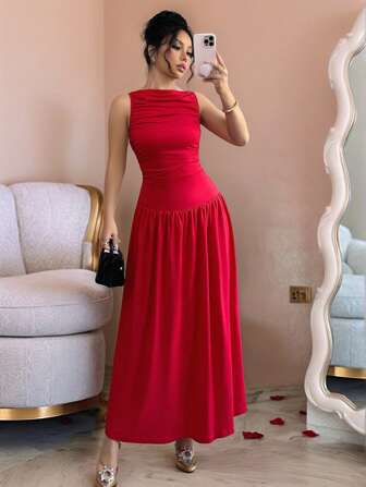Rafferiza 女士红色纯色圆领时尚无袖褶皱连衣裙