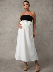 MaterniChic Maternity Solid Color Patchwork Strapless Minimalist Casual Long Dress - Black and White - View 4