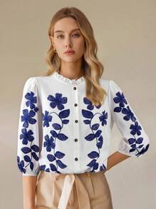 SHEIN Clasi Camicia donna a maniche lunghe con bottoni, con stampa floreale e rifiniture arricciate, adatta per vacanze
