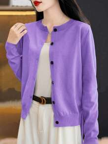 EMERY ROSE Women Round Neck Casual Solid Colored Cardigan For Daily Wear,Long Sleeve Tops Fall Winter Cloth For Women - Purple - View 6