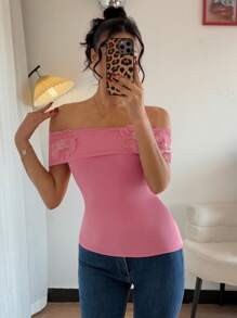 Chiquease 1 pieza Blusa elegante con diseño floral con hombros al descubierto - Rosa Fucsia - Ver 2