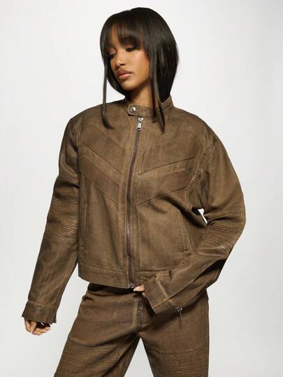 MISSGUIDED Distressed Biker Jacket Vintage Weathered Motorcycle Style Ribbed Panel Design Stand Collar Winter Fall Fashion Statement Piece Streetwear Outerwear