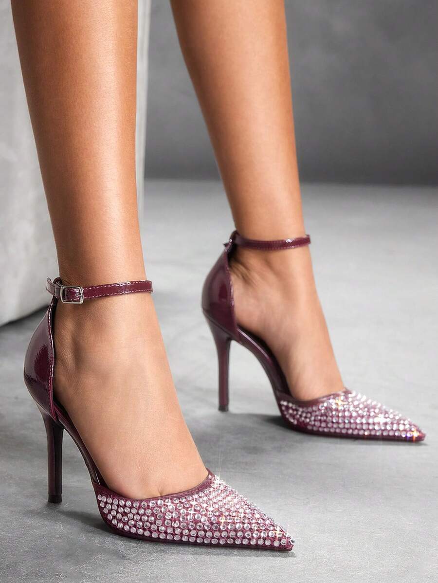 CUCCOO SZL Women's Pointy Toe High Heel Hollow Out Sandals, Rhinestone Decor, Wedding Party, Wine Red Color Spring Shoes Spring Break Easter Prom Heels - Burgundy - View 1