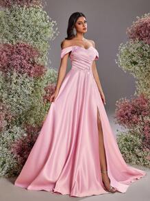 Glamrae Váy xòe xếp nếp bằng vải satin hở vai sang trọng, sang trọng, phù hợp cho đám cưới, tiệc tùng, cocktail, sự kiện trang trọng, váy dự tiệc, váy dự tiệc cưới, váy dạ hội - Bụi hồng - Xem 7