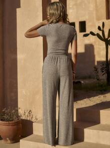 LanaWest Women's Summer Knit Stretchy Rib Scoop Neck Short Sleeve Jumpsuit With Elastic Waist Wide Leg Pants With Pockets, Casual 2 Pieces Set - Apricot - View 2