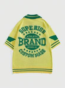 ROMWE MEN Prep 男士标语嵌花针织套头衫，简约时尚休闲日常穿着 - 芥末黃 - 查看 2