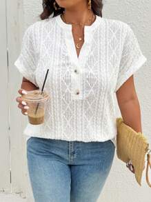 Breezaya Plus Size V-Neck Button Accent Raglan Short Sleeve Jacquard Simple T-Shirt - White - View 5