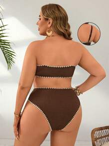 Swim Vcay 2pcs/Set Bikini Segitiga Pinggang Tinggi Wanita Ukuran Plus Warna Polos dengan Tali Bahu Tipis dan Hiasan Kerang, Santai & Kasual, Untuk Liburan Pantai Musim Panas - MultiWarna - View 2