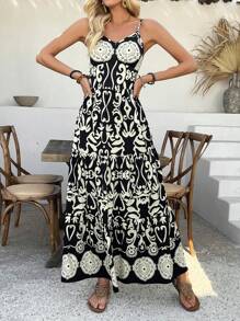 Breezaya 女士休闲复古印花抽绳腰连衣裙，时尚度假装 - 黑色 - 查看 3