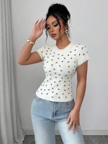 Elenzga Women's Cropped Regular Shoulder Sweet Versatile Round Neck Butterfly Print Ruched Waist Knit Top, Summer - White - View 4