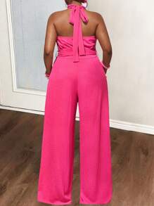 Slaydiva New 2025 Curve Plus Size Women Rose Red Elastic Pleated Fabric Deep V Neck Backless Halter Long Jumpsuit, Suitable For Beach & Holiday & Sexy - Hot Pink - View 3