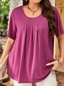 EMERY ROSE 大码女式圆领短袖休闲上衣，日常穿着，女士夏季服装 - 中紫紅色 - 查看 4