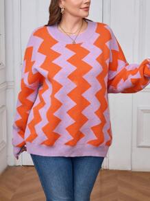 SHEIN CURVE+ Plus Size Crew Neck Long Sleeve Striped Simple Knit Sweater, Casual Everyday Wear Knit Pullover Fall Winter - Multicolor - View 3
