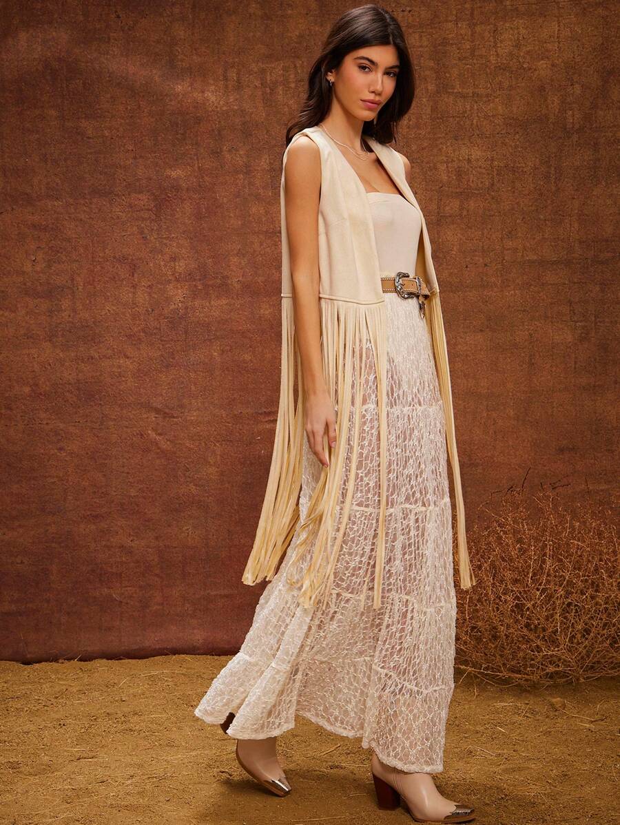 WESTFADE Western Open Front Faux Suede Fringe Sleeveless Festival Tank Top Nashville Style Outifts - Beige - View 1