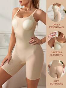 Women's Solid Color Wide Strap Simple Fitted Casual Shapewear Jumpsuit - Apricot - View 6