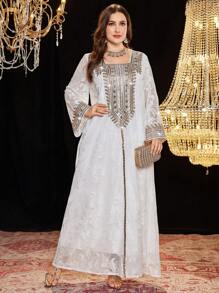 Layrah Abaya de talla grande elegante con bordado de perlas en arabesco, modesto kaftan - Blanco - Ver 5