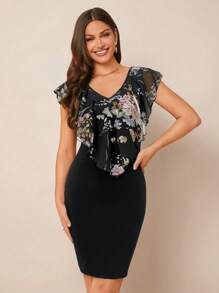 Ellevyn Women's Floral Chiffon Collar Bodycon Dress, Spring Valentine's Day Outfit - Multicolor - View 3