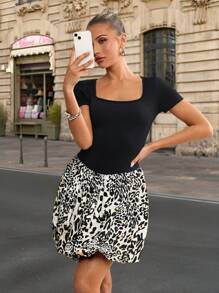 SHEIN Clasi Women's Elegant Square Neck Floral Mini Dress With Leopard Hemline, Fitted Casual Everyday Wear  Dresses For Women Cheetah Print Summer Dresses For Women  French Elegant Elegant Daily - Multicolor - View 9