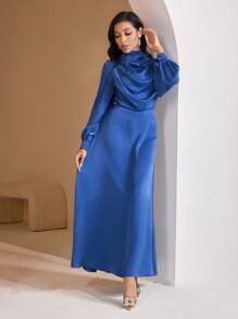 Veilorie Women's Simple Stand Collar Long Sleeve Casual Long Arab Dress - Blue - View 5
